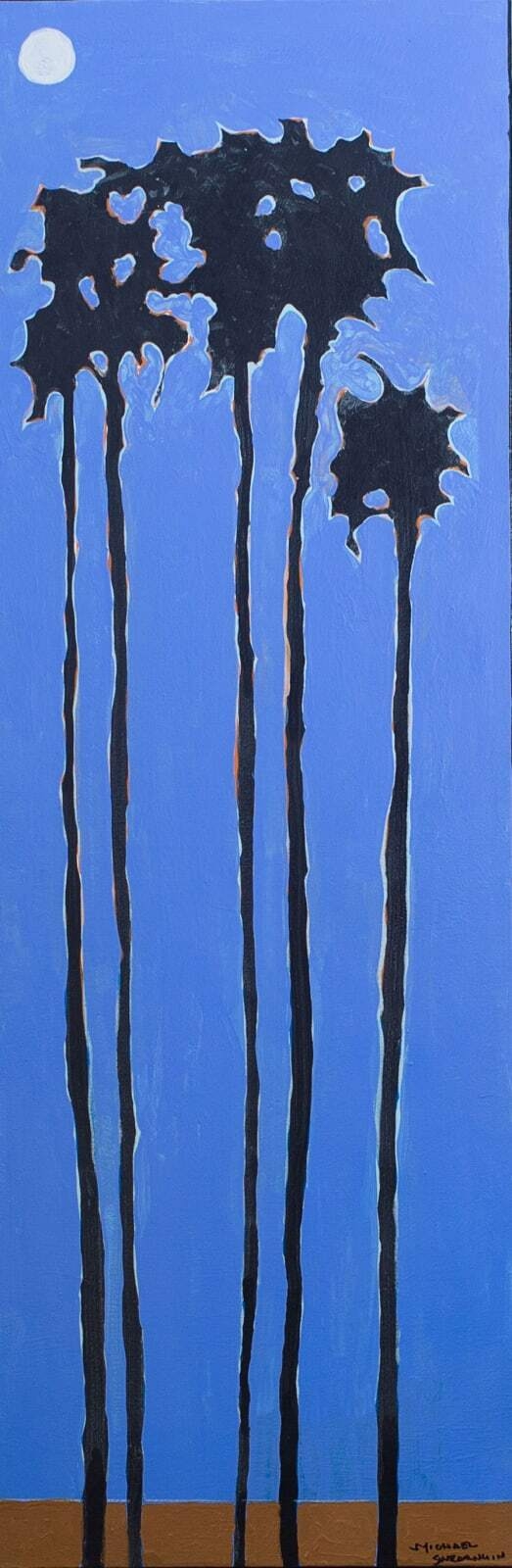 For this acrylic on canvas wall art, Michael Swearngin began with simple shapes then added underpainting and glazing. Palm Tree Desert Sky I features images of palm trees against a stark blue background. Palm Tree Desert Sky I