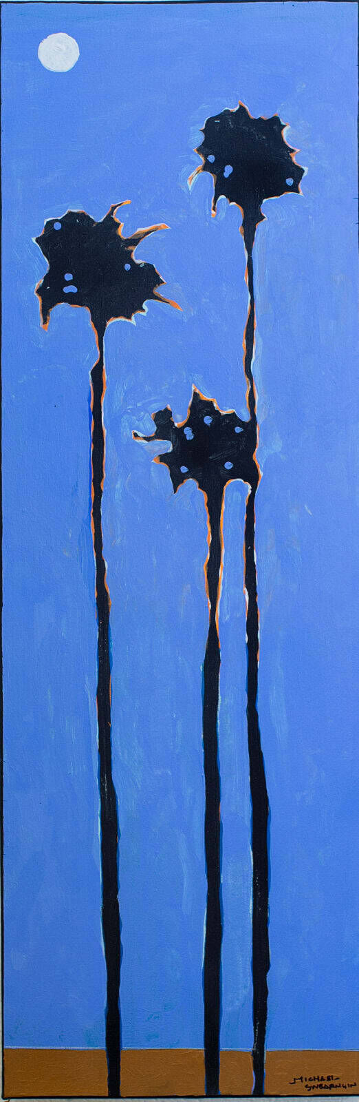 For this acrylic on canvas wall art, Michael Swearngin began with simple shapes then added underpainting and glazing. Palm Tree Desert Sky II features images of palm trees against a stark blue background. Palm Tree Desert Sky II
