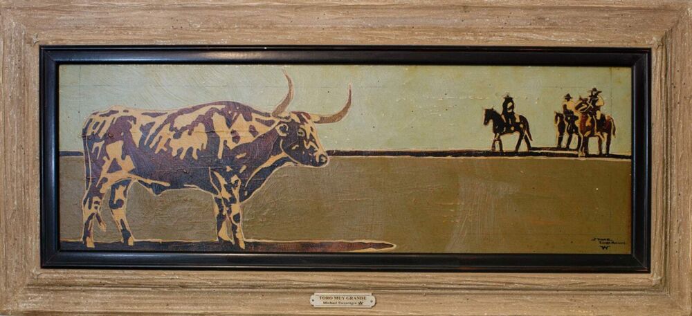This framed acrylic on canvas wall art by Michael Swearngin marries the artist's abstract style with his lifelong knowledge of livestock. Toro My Grande features the image of a steer in the foreground and cowboys in the background. Toro My Grande