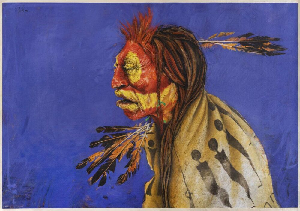 This authentic and deeply spiritual acrylic on canvas wall art from artist Paul Pletka features a visually striking human figure against a stark blue background. Sarsi is the neo-surrealistic painter's interpretation of Native American expression. Sarsi