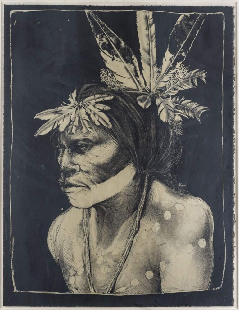This authentic and deeply spiritual framed and signed lithograph wall art from artist Paul Pletka is No. 1 of 20. Ink on paper, Whirlwind Warrior is the neo-surrealistic painter's interpretation of Native American expression. Whirlwind Warrior