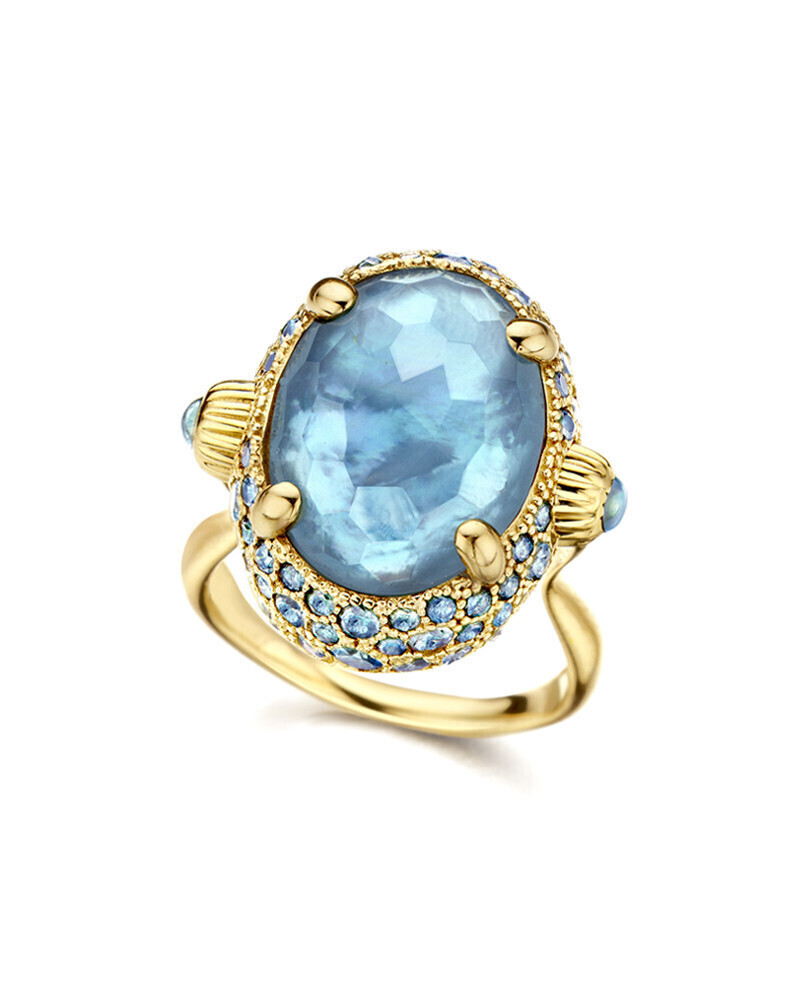 This positively charming 18K yellow gold ring brought to you by Nanis Fine Jewelry and Italian designer Laura Bicego brings genuine nobility. It features blue topaz. Dancing In The Rain Blue Topaz Ring