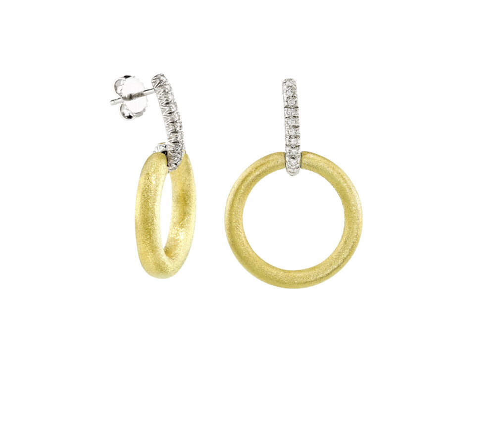 These jaw-dropping earrings brought to you by Aaron Henry Designs bring unrivaled beauty. They feature an 18K white gold 0.15 carat diamond bar and 18K yellow gold hoop. Hoop Earrings With Diamond Bar Stems (Large)