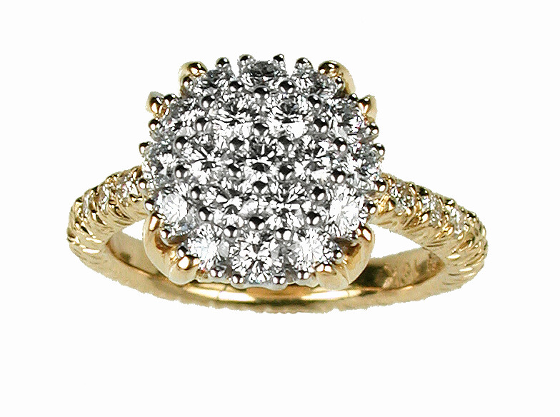 This eye-catching 19K yellow gold ring brought to you by Aaron Henry Designs brings heart-stopping elegance. It features a dazzling 1.10 carat diamond pave top and 0.12 carat diamond sides. Diamond Pave Ring