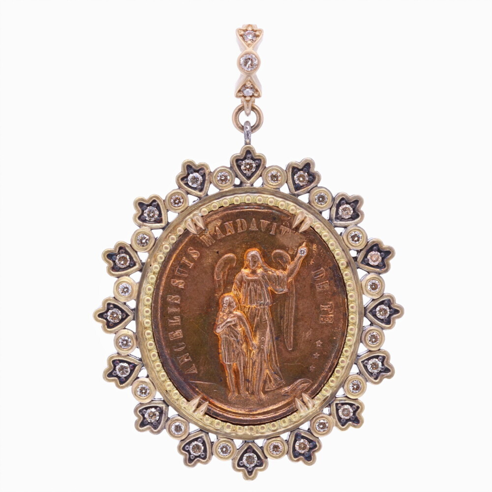 This beautiful French Guardian Angel translates to "Angels charge over you". The back depicts St. Joseph and a cherub. St. Joseph is declared to be both the protector and patron of church. Having died in the arms of Jesus and Mary, he is considered the model of the pious believer who receives grace at the moment of death. This sweet Angel is reaching up to a diamond that represents a star in Heaven. Your Guardian Angel is unique to you and is present to guide you through your spiritual journey. The medal is set inside a 14k Yellow Gold 12.5g, Diamond 1.12 tcw, and rhodium sterling bezel. Your Angel may be clipped onto any necklace. French Guardian Angel and St. Joseph Pendant