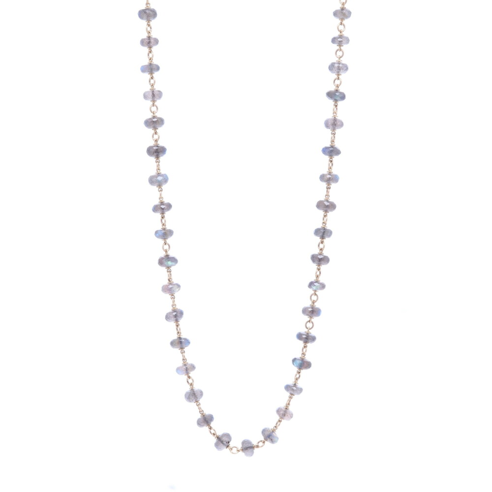 This 38" labradorite necklace has a beautiful iridescent blue and green hue. The beads are strung with solid 14k Yellow Gold 16.85g. Labradorite Gold Necklace 38"