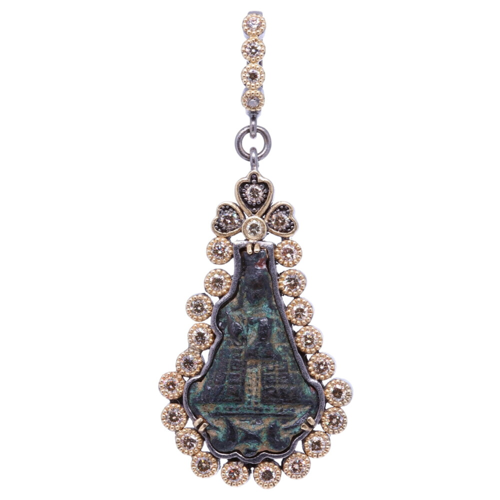 This ancient Lady of Guadalupe artifact has been set into a dot bezel containing 0.87 TCW Diamonds and 5.65g 14k Yellow Gold. This artifact has a beautiful green patina, it occurred from oxidizing over time. This pendants bale has a 4mm opening. Ancient Lady of Guadalupe Artifact Pendant