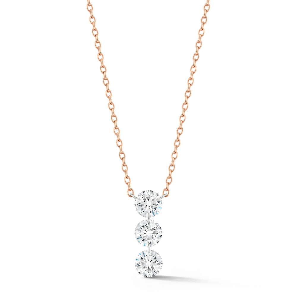 This truly remarkable 18K rose gold streamer necklace brought to you by Willow Diamonds and designer Jacquie Earle brings absolute beauty. It features 3-round diamonds and an adjustable 18” platinum chain. Trio Streamer 3-round Diamond Necklace