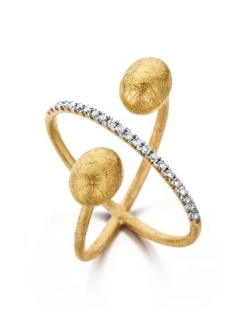 This positively charming 18K yellow gold ring brought to you by Nanis Fine Jewelry and Italian designer Laura Bicego brings genuine nobility. It features a wide design with one 0.17 carat white diamond bar and one split gold bar and larger gold balls at the ends. Dancing In The Rain Crossover Ring