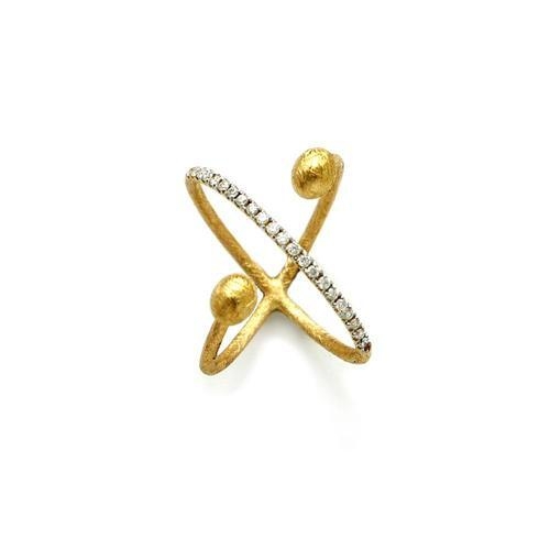 This positively charming 18K yellow gold ring brought to you by Nanis Fine Jewelry and Italian designer Laura Bicego brings genuine nobility. It features a wide design with one 0.165 carat white diamond bar and one split gold bar and small gold balls at the ends. Dancing In The Rain Crossover Ring (7)