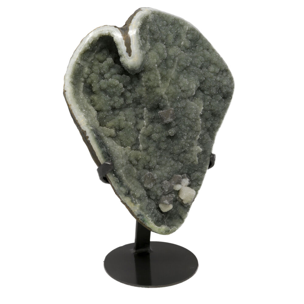 This gorgeous druze Geode plaque is unique in its color and crystal formation. The entire face of this plaque is covered with spectacular mint green druze crystals. Druze is a formation of tiny crystals on the surface, or in the center of a larger crystal. The mint green crystals are surrounded by a polished edge of lighter colored agate. This druze Geode is beautifully cradled on a steel stand to show its best side to the world. This is perfect for any collection, on a shelf at home or at the office. Geodes help heal pent up anger, bitterness and resentment. By doing this will give the one who posses it a sense of freedom and lightness. Druze Geode Plaque On Stand -Mint Green