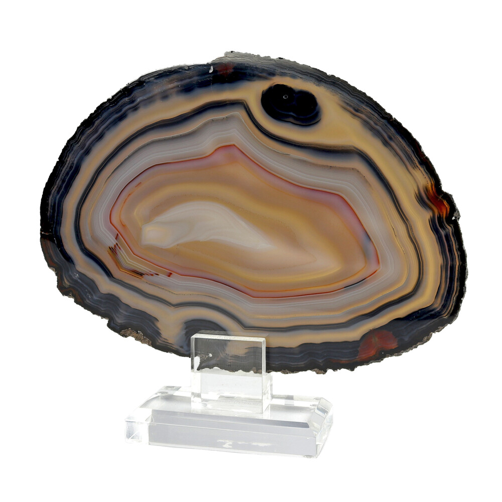 <span></span><span style="font-family: "EB Garamond";">Agate Slice On Acrylic Screw-in Stand With Heavy Bands Of Blue & Lighter Center</span> Agate Slice on Acrylic Screw-in Stand with Dense Bands of Blues & Lighter Center