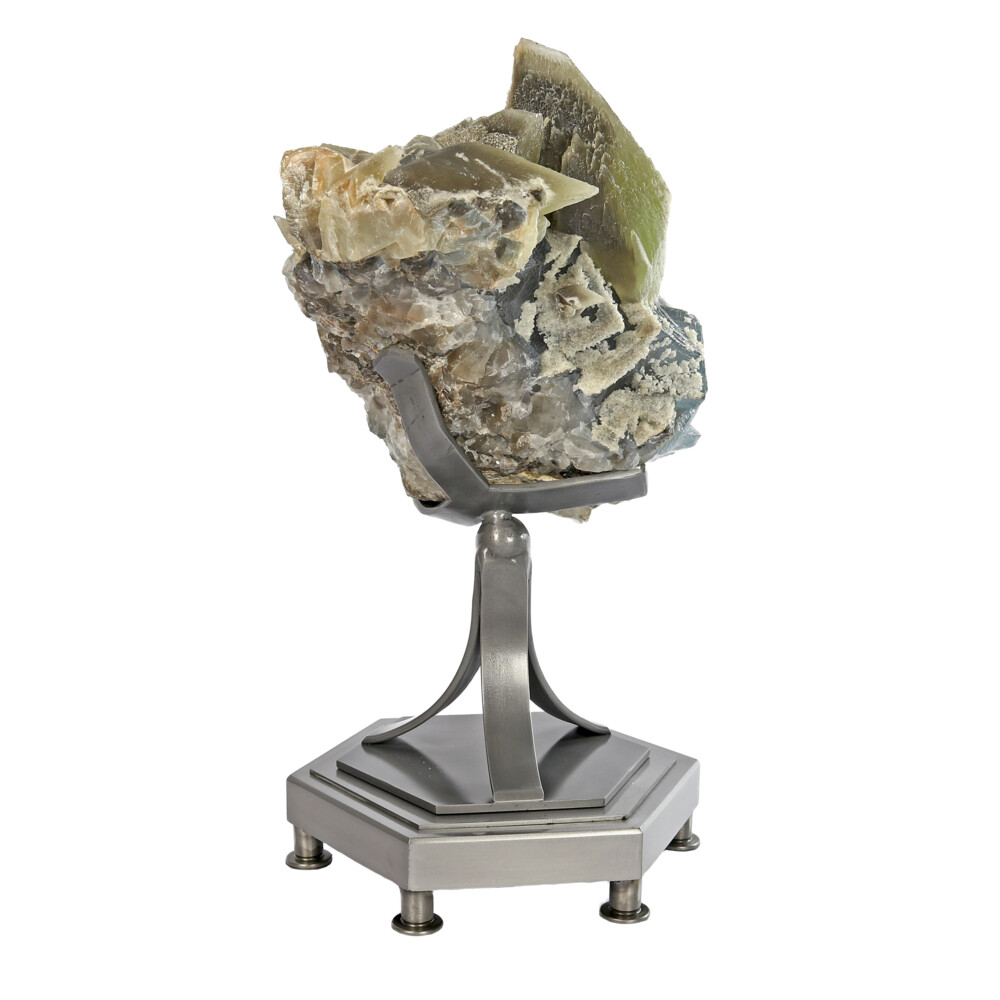 Image 2 for Calcite Twin Crystals On Cubic Fluorite Cluster With Custom Rotating Stand