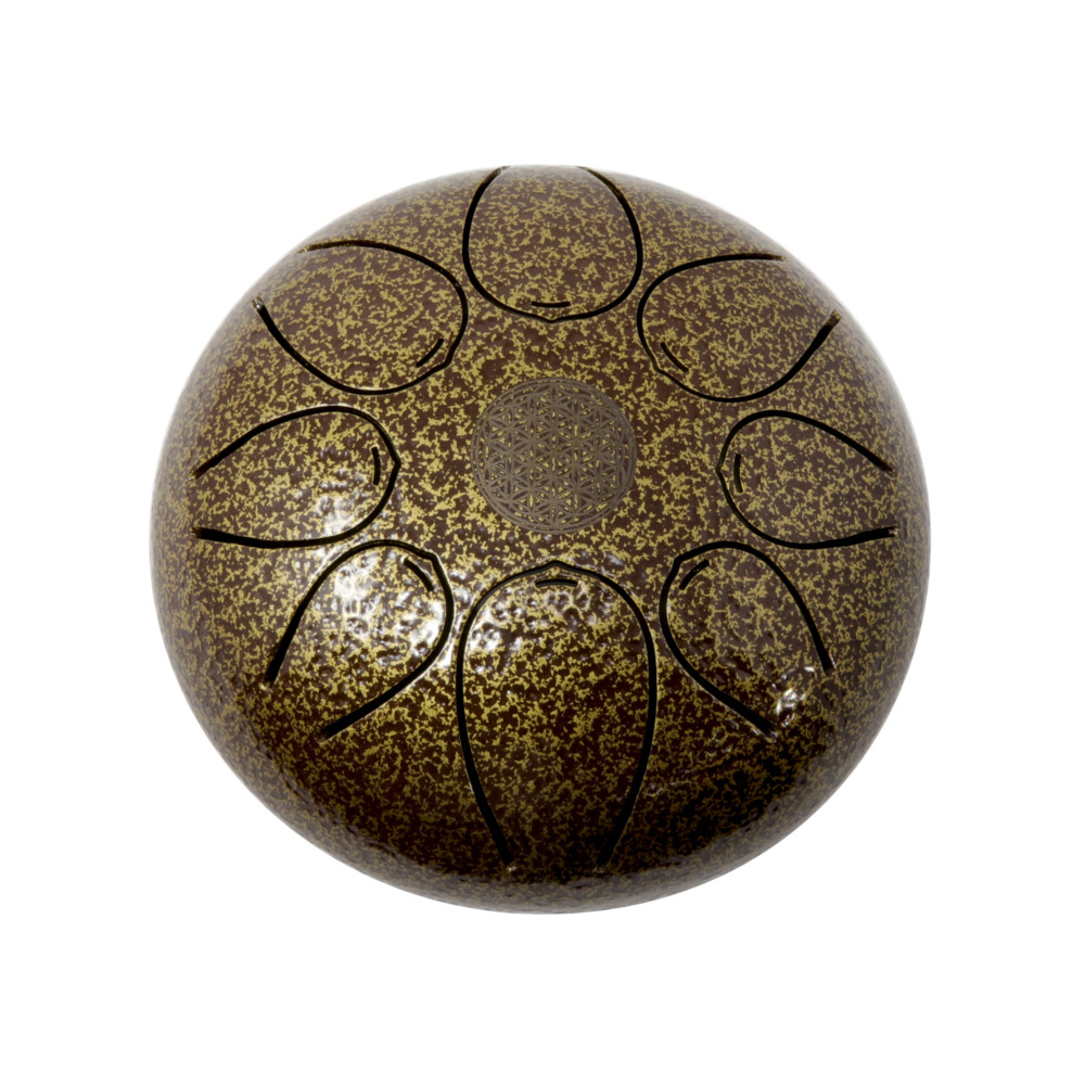 <div style="position: initial; margin: initial; font-family: "EB Garamond";"><font style="font-family: "EB Garamond";" size="4">This is our smallest tongue drum and great for beginners or just easy to travel with. This tongue drum is a soft brown color with a flower of life symbol burnished into the center. The color brown affects the mind and body by creating feelings of wholesomeness, stability, and peace. This is a perfect piece for your meditation space or living room. Since it comes with a travel bag, you can transport it anywhere to enjoy.</font></div><div style="position: initial; margin: initial; font-family: "EB Garamond";"><font style="font-family: "EB Garamond";" size="4">Where did they come from?</font></div><div style="position: initial; margin: initial; font-family: "EB Garamond";"><font style="font-family: "EB Garamond";" size="4">A form of tongue drums has been around for a very long time if considering the wooden versions created by the Aztecs known as log drum or tone drums. Another similar instrument is the Slit Drum of African origin. These were the early predecessors to the modern-day steel tongue drums. A steel tongue drum is a percussion instrument invented by Dennis Hayena in 2007. Created from a propane gas tank, the original steel tongue drum was called Hank Drum. This was inspired by the original Hang handpan, and the gas tank from which it was created. Dennis Havlena invented what we now know as the steel tongue drum, following inspiration from other creators.</font></div><div style="position: initial; margin: initial; font-family: "EB Garamond";"><font style="font-family: "EB Garamond";" size="4">Are they hard to play?</font></div><div style="position: initial; margin: initial; font-family: "EB Garamond";"><font style="font-family: "EB Garamond";" size="4">One of the great things about this invention is it does not require any particular skill to play it. Anyone who wants an easy to play intuitive instrument can learn to play a tongue drum. You do not need a musical background to get all the benefits from playing. There is no right or wrong way to play the tongue drum, just pick up your mallets and start by hitting the inside of the cutouts. The cutouts are in the shape of a tongue, hence the name, Tongue Drum. Almost immediately, you will feel your self getting sucked into the music and start to feel relaxed. Your mind goes into a meditative state where you can tune the world out for a while. You can also play with your fingers however, that takes a little more practice and some calluses. We carry finger sticks to save your hands from building up calluses. If you want to sound more enhanced, then stick with the mallets. They help in producing proper vibrations from the drum and musical scales.</font></div><div style="position: initial; margin: initial; font-family: "EB Garamond";"><font style="font-family: "EB Garamond";" size="4">Flower of life- </font></div><div style="position: initial; margin: initial; font-family: "EB Garamond";"><font style="font-family: "EB Garamond";" size="4">The meaning behind the flower of life symbol is that it is believed to represent the cycle of creation. It depicts how all life comes from on singular source, represented by the circle in the center of the pattern. There is believed to be a secret symbol hidden within the flower of life symbol, which is said to hold the most significant and sacred patterns of the universe. It is believed to be a sort of blueprint for all life, with the fundamental patterns for everything from atoms to planets and everything in between.</font></div><div style="position: initial; margin: initial; font-family: "EB Garamond";"><font style="font-family: "EB Garamond";" size="4">What is included? </font></div><div style="position: initial; margin: initial; font-family: "EB Garamond";"><font style="font-family: "EB Garamond";" size="4">You get the steel tongue drum, mallets, and a burlap bag to protect your investment and enjoy your drum anywhere. </font></div><div style="position: initial; margin: initial; font-family: "EB Garamond";"><br style="color: rgb(0, 0, 0); font-family: Calibri, "Segoe UI", Calibri, Thonburi, Arial, Verdana, sans-serif, "Mongolian Baiti", "Microsoft Yi Baiti", "Javanese Text"; font-size: 14.6667px; white-space: pre-wrap; position: initial; margin: initial;"></div> Steel Drum Mini -Brown