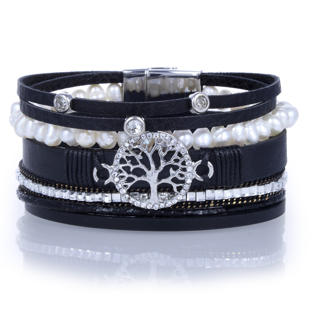 Image 2 for Tree Of Life Black Multi Wrap Bracelet With Pearl Strand
