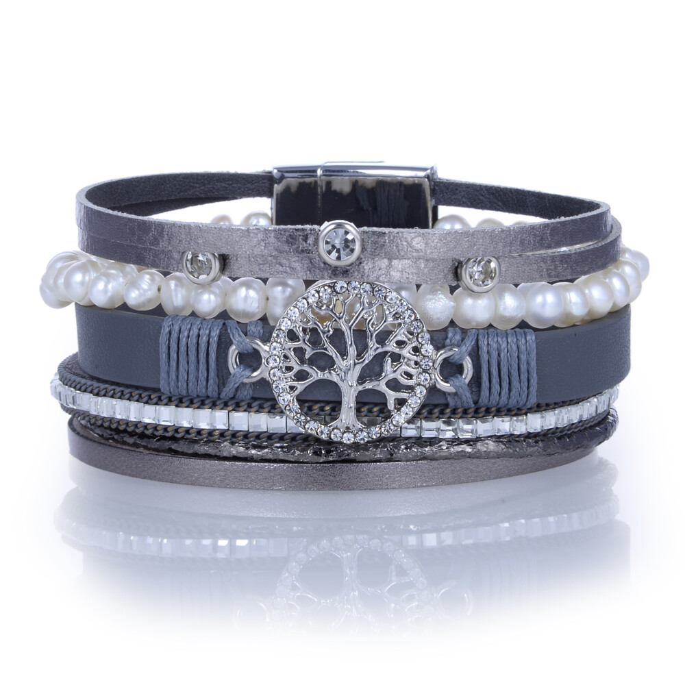 Image 2 for Tree Of Life Gray Multi Wrap Bracelet With Pearl Strand