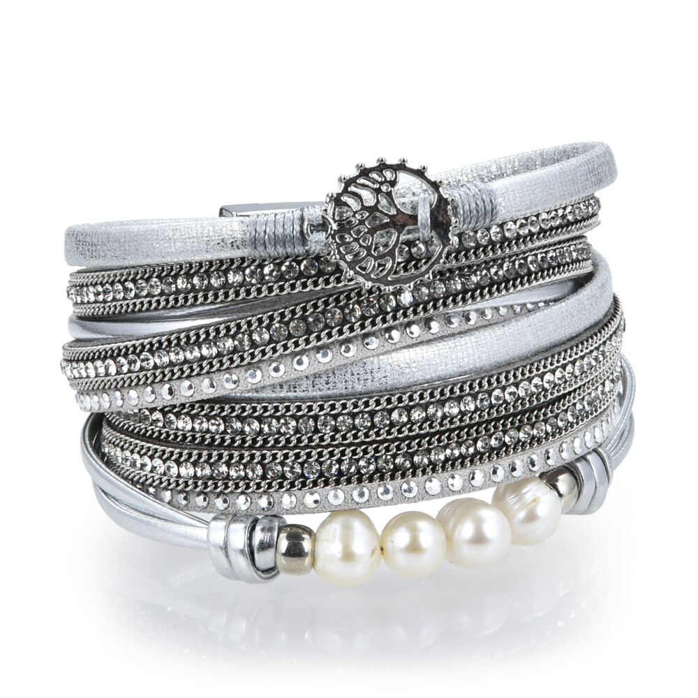 Image 2 for Silver & Pearl Tree Of Life Multi Wrap Bracelet Double