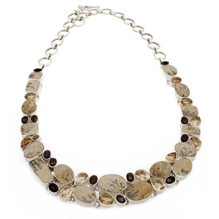 Dendritic Sandstone Necklace Collar with Citrine & Smoky Quartz Dendritic Sandstone Necklace Collar With Citrine & Smoky Quartz