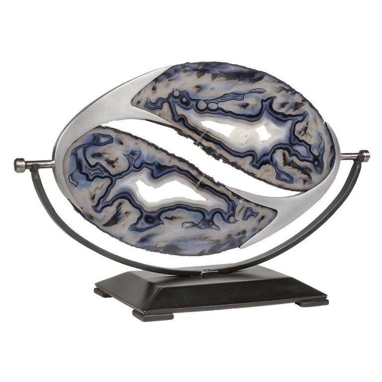 <font size="4"><span style="font-family: "EB Garamond";"><font size="4">Magnificent Dual Blue Yin and Yang Shaped Agates on Custom Spinning Stand.</font></span> </font> Blue Agate Duo Slices On Custom Rotating Stand
