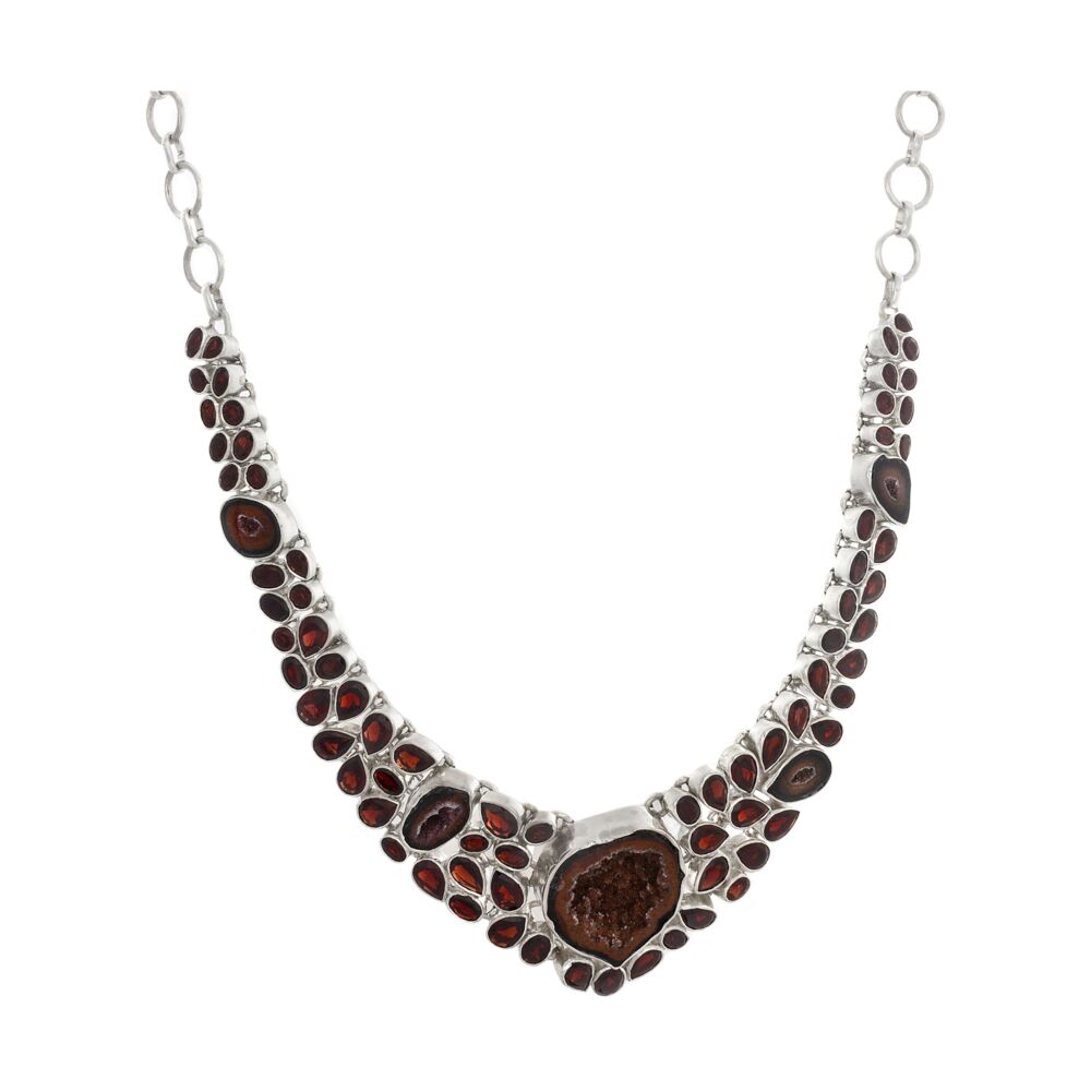 <font size="4">Flash a truly dazzling smile with this beaming combination of natural red geode and faceted garnet necklace. This graduated array of natural red geode and hand-picked garnet create a blazing and radiant selection.</font> Red Druze Geode And Garnet Necklace