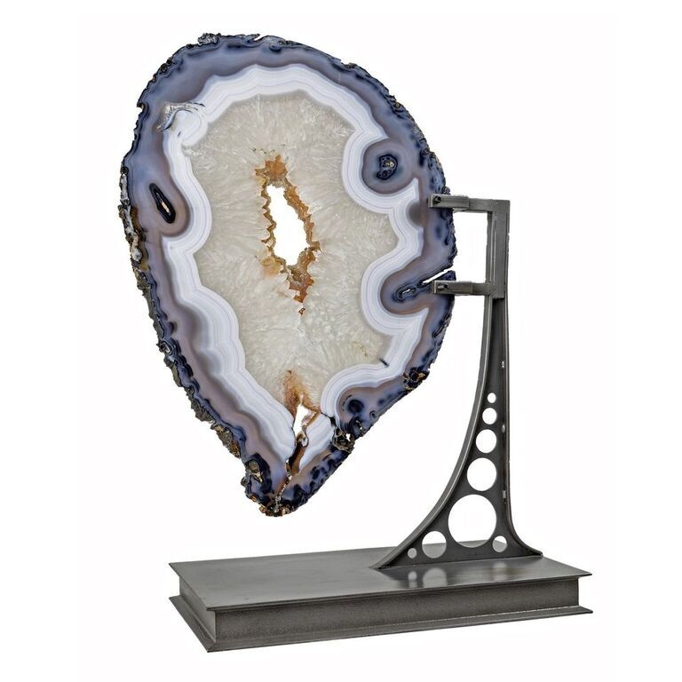 <font size="4">This highly patterned Agate slice is striking all on its own and an art piece when secured upon this architectural base. The layers of lavender blue agate with white fortress agate and wide quartz crystal layer, topping off the center with the citrus citrine druze pockets really makes the cake.</font> Agate Slice On Custom Industrial Stand