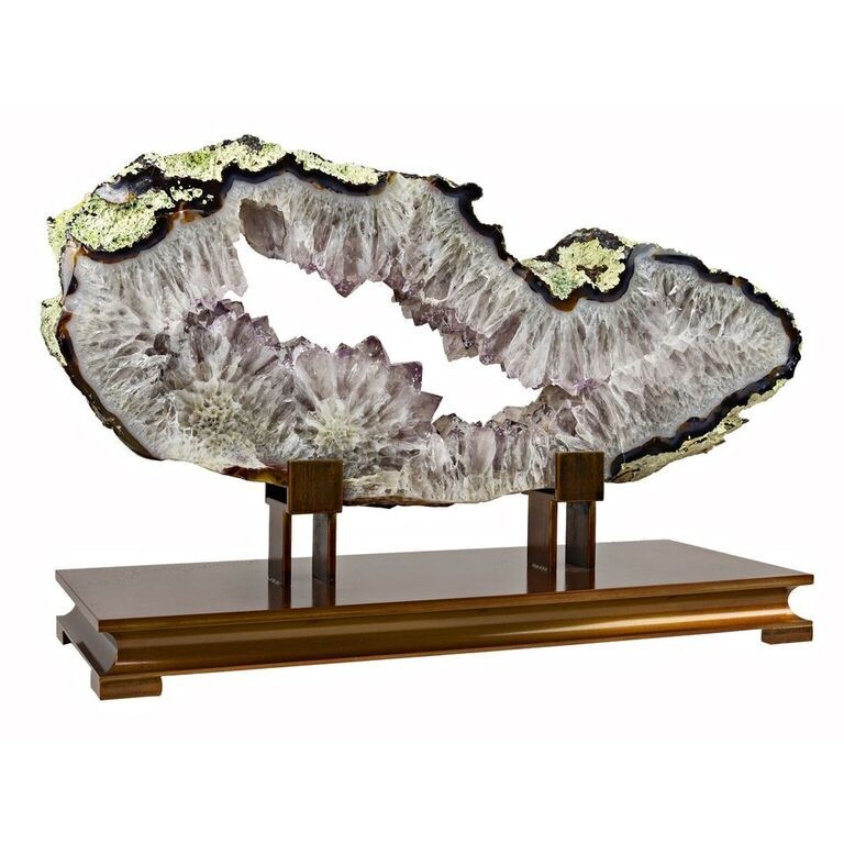 <font size="4"><span style="font-family: Arial;"><font size="4"><span style="font-family: "EB Garamond";"><font size="4">This raspberry Amethyst Agate Slice set East-West on a Designer Fitted Patina Base makes this a distinguished display. The natural inclusion of Apple-Green Caliche Rind against the Deep-Brown Agate Edge really allows Nature's Colors to prevail once added to your space.</font></span></font></span> </font> Agate Slice On Custom Stand -Horizontal Rose De France Amethyst