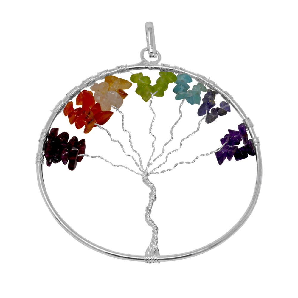 Our Tree of Life Pendant is casual enough for everyday. This pendant includes the bail. The Tree of Life symbol represents the interconnection of all life and brings positive energy and good health. There are seven different natural gemstones matching the color of the seven chakras. The seven chakras consist of the crown, third eye, throat, heart, solar plexus, sacral and root. These are considered energies centers for you body; through them flows the force of life, since it's main functions are to revitalize the body at a physical level and develop self-awareness.<div style="position: initial; margin: initial;"><span style="color: rgb(34, 34, 34); font-family: Arial, Helvetica, sans-serif; font-size: small; position: initial; margin: initial;">Every stone is unique and one of a kind. Nature's treasures do vary in their shape and color.</span><br style="position: initial; margin: initial;"></div> 7 Chakra Tree Of Life Pendant - Large