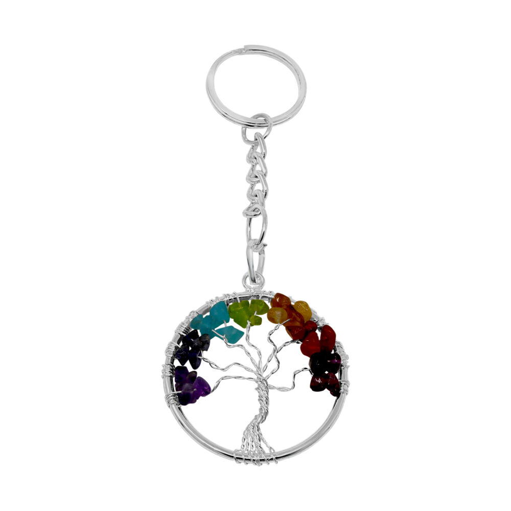 <font style="font-family: Arial;" size="4">Take your Chakra Tree of Life Key chain with you wherever you go. This natural gemstone key chain is covered with seven different colored beautiful gemstones arranged on the Tree of Life we have come to love. This key chain includes the chain. The Tree of Life symbol represents the interconnection of all life and brings positive energy and good health. There are seven different natural gemstones matching the color of the seven chakras. The seven chakras consist of the crown, third eye, throat, heart, solar plexus, sacral and root. These are considered energies centers for you body; through them flows the force of life, since its main functions are to revitalize the body at a physical level and develop self-awareness.</font><div style="position: initial; margin: initial; font-family: Arial;"><span style="color: rgb(34, 34, 34); font-family: Arial; position: initial; margin: initial;"><font style="font-family: Arial;" size="4">Every stone is unique and one of a kind. Nature's treasures do vary in their shape and color.</font></span><br style="position: initial; margin: initial;"></div> 7 Chakra Tree Of Life Keychain