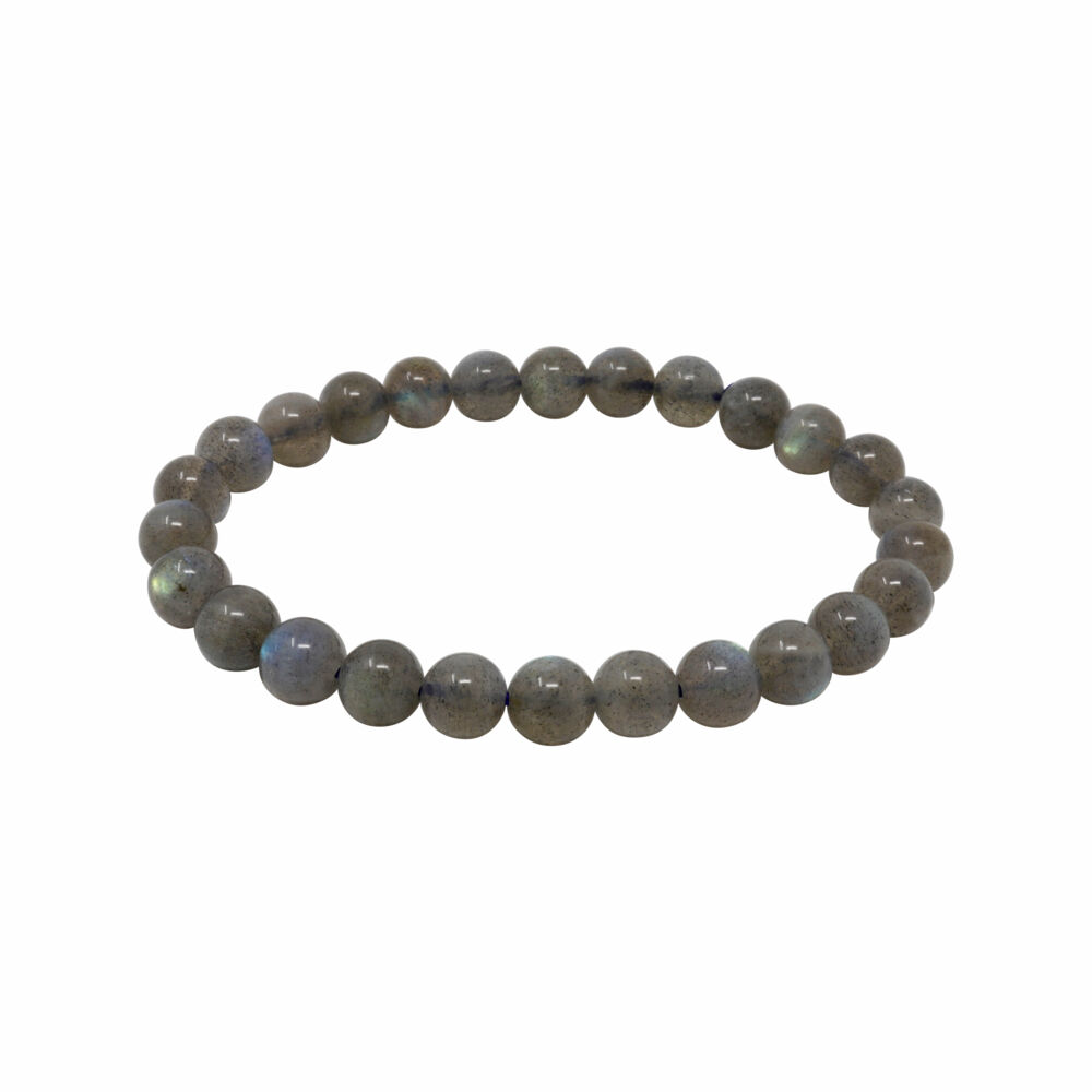 <span></span><span style="font-family: Quicksand;"><span style="font-family: "EB Garamond";"><font size="4">This 6mm Labradorite Bracelet is stunning and flashy. This Bracelet is comprised of natural, high polished Labradorite beads. These beads are strung together with multiple strands of elastic. It slides on smoothly and stretches off easily. Labradorite is a feldspar mineral and displays a beautiful iridescent play of color. This is caused by internal fractures in the mineral that reflect light back and forth. Labradorite originated from Labrador, Canada as well as Madagascar. It is a stone of transformation, is useful through change, imparting strength and perseverance.</font></span></span> Labradorite Bracelet A Quality 6mm