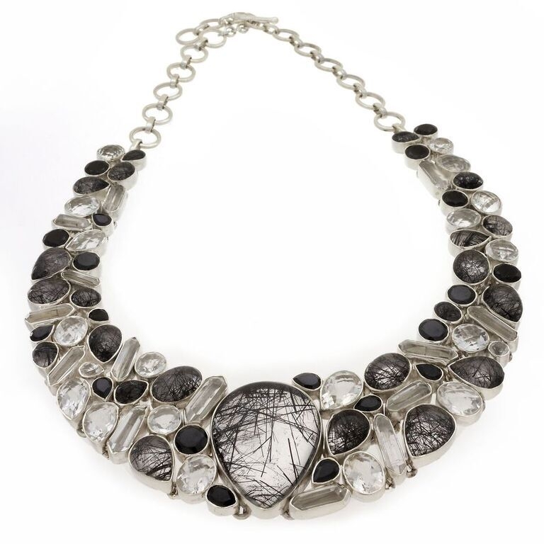 <font size="4">Black Rutile Quartz Necklace -Collar w/Black Spinel, Quartz Faceted & Crystals.</font> Black Rutile Quartz Necklace -Collar With Black Spinel, Faceted Quartz & Crystals