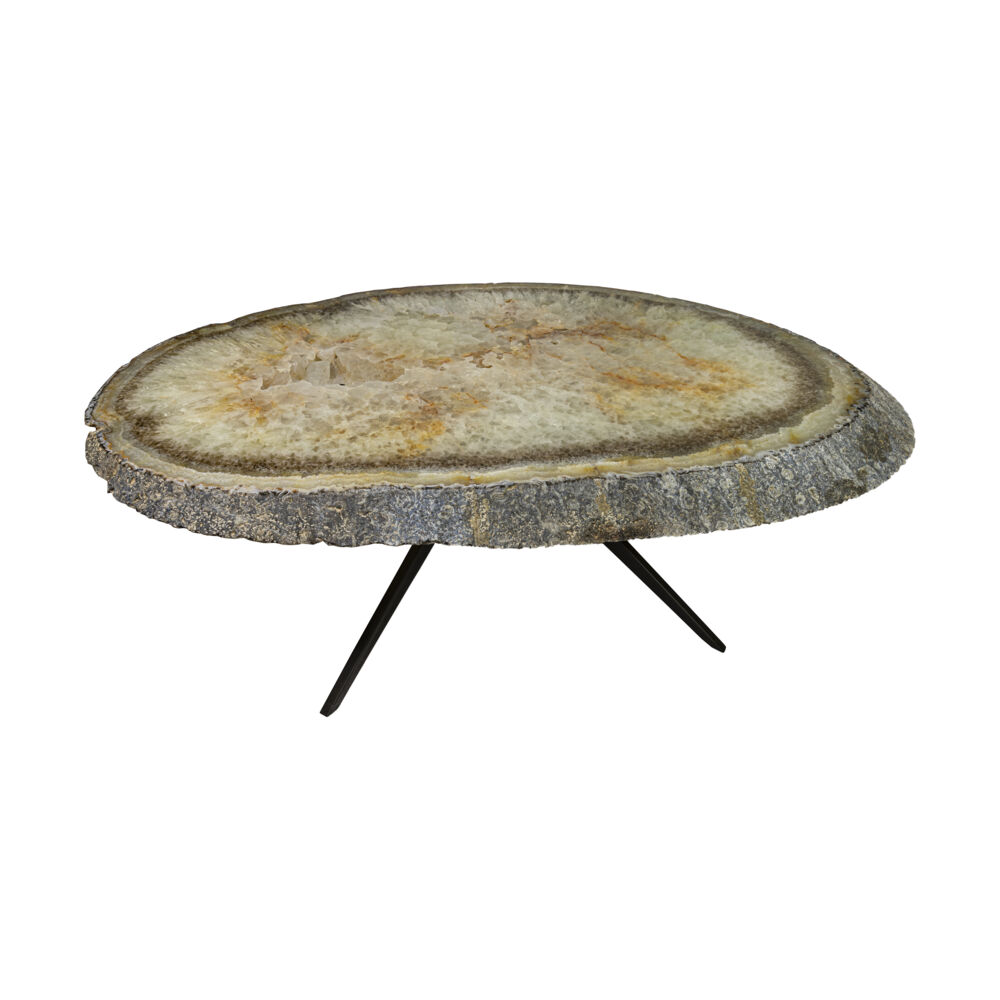 <font size="4"><span style="font-family: Quicksand;"><font size="4">Exquisite and edgy, perfectly describe this stunning Agate Coffee Table. This intriguing slice of agate boasts a thick natural geode edge, as smoky ring of agate, large crystalline structure of iron quartz through out and a peek-a-boo pocket in the center. The simplistic design of the matte black x-style custom metal base quietly displays the awe-inspiring agate geode slice. This astounding earth tones in this agate coffee table make it a great fit in any southwest or earthy inspired space.</font></span></font> Agate Coffee Table On X Design Base With Iron Quartz And See Thru Pocket