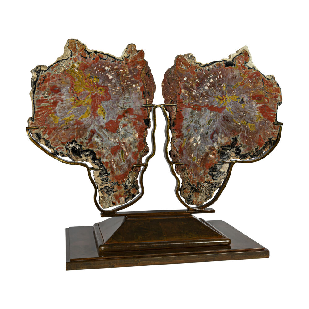 <span></span><span style="font-family: Arial;"><span style="font-family: Quicksand;"><font size="4">This book-matched pair of two-sided polished Arizona Petrified Wood slices on a custom crafted metal stand allows all of it's beauty to show as you walk around this 360-degree piece of art. The incredible colors of this Arizona Petrified Wood developed while the Conifer trees were buried beneath the Earths surface for over 180,000,000 years. The statement these polished Arizona Petrified Wood slices will redefine any space.</font></span></span> Arizona Petrified Wood Polished Pair On Custom Stand