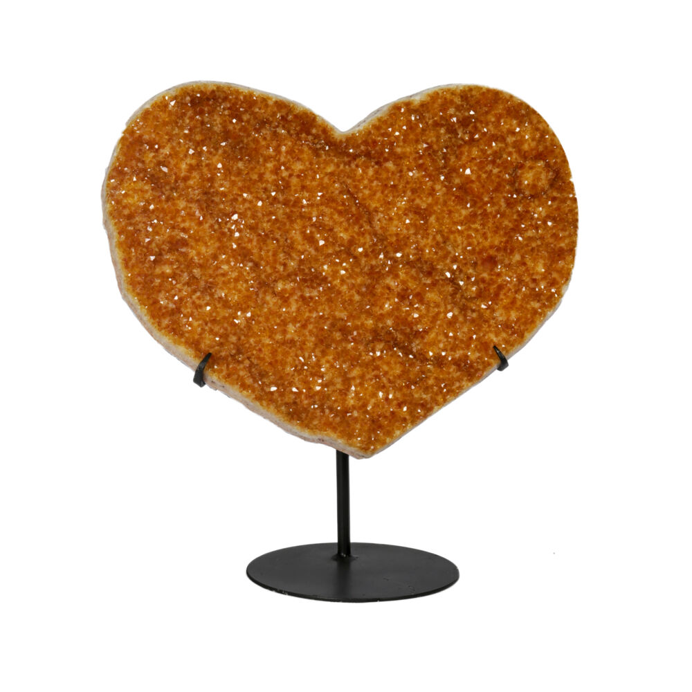 <span></span><span style="font-family: Arial;"><span style="font-family: Quicksand;"><font size="4">Each twinkling little citrine druzy crystal in this polished heart plaque will melt your heart, like bright rays of sunshine on a spring day. The scale of this citrine druzy heart is dramatic and the craftsmanship of the prong style custom metal stand is astounding as it quietly supports this massive citrine druzy heart.</font></span></span> Citrine Druze Heart On Fitted Stand