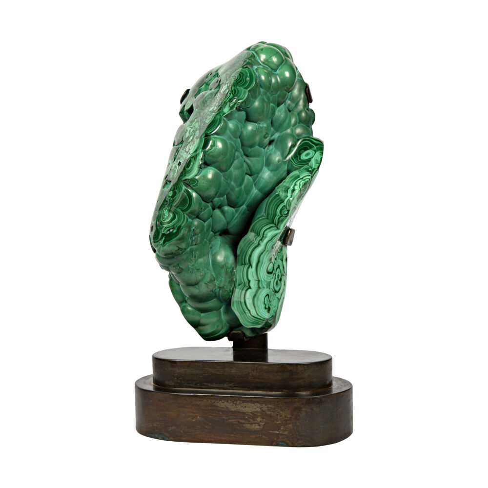 <span></span><span style="font-family: Arial;"><span style="font-family: Quicksand;"><font size="4">This green goddess from the Congo is malachite, partially polished, on a custom stand. The unique partial polish shows this malachite's stunning features. This partially polished malachite specimen on a custom designed and crafted metal stand is truly natures trophy.</font></span></span> Malachite On Custom Stand -Partial Polished From Congo