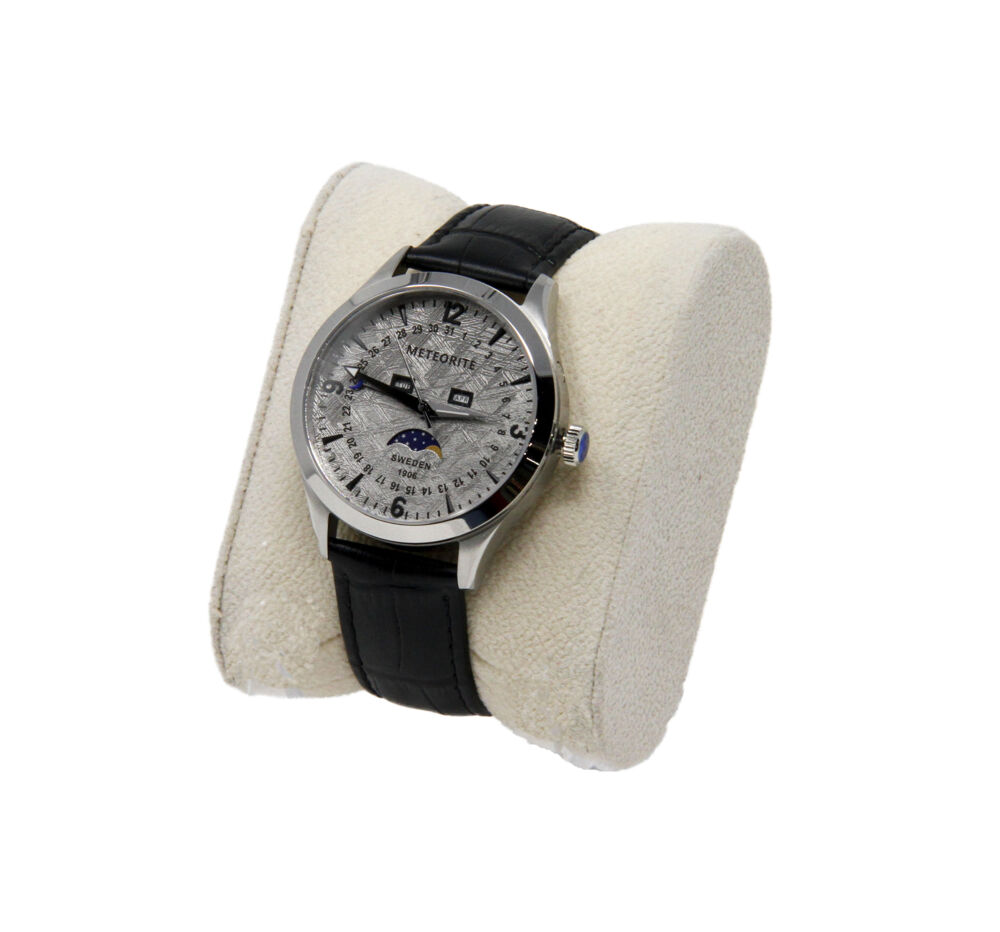 Over 100,000 years ago a handful of Muonionalusta Meteorites impacted the earth. Pieces of this meteorite are still being found today. This classic design with a contemporary twist; this Muonionalusta Meteorite watch will fast become your every day wear. This beautiful time piece, Miyota with moon phases and rhodium finish, is the perfect gift for the man who has everything. Muonionalusta Meteorite Watch -Rhodium with Miyota & Moon Phases