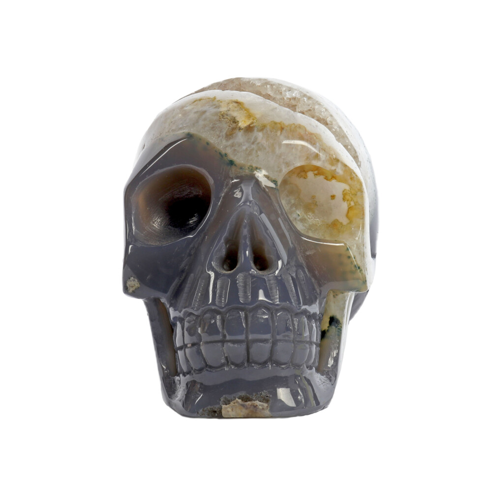 <span style="position: initial; margin: initial;"></span><span style="font-family: "EB Garamond"; position: initial; margin: initial;">Agate Geode Skull Carving With Druze.</span><div style="position: initial; margin: initial;"><p style="margin: initial; font-variant-numeric: normal; font-variant-east-asian: normal; font-stretch: normal; line-height: normal; font-family: "EB Garamond"; color: rgb(0, 0, 0); position: initial;"><span style="position: initial; margin: initial; font-family: "EB Garamond";"><font size="4" style="">Hand carved. Agates </font></span><span style="font-size: 1.2rem;">are fully formed geodes, consisting of non-crystalizing varieties</span></p><p style="margin: initial; font-variant-numeric: normal; font-variant-east-asian: normal; font-stretch: normal; line-height: normal; font-family: "EB Garamond"; color: rgb(0, 0, 0); position: initial;"><font size="4">of silica, primarily, chalcedony. The first layer of any geode, is usually</font></p><p style="margin: initial; font-variant-numeric: normal; font-variant-east-asian: normal; font-stretch: normal; line-height: normal; font-family: "EB Garamond"; color: rgb(0, 0, 0); position: initial;"><font size="4">agate at a variable quantity; less agate may cause thinner geodes; more</font></p><p style="margin: initial; font-variant-numeric: normal; font-variant-east-asian: normal; font-stretch: normal; line-height: normal; font-family: "EB Garamond"; color: rgb(0, 0, 0); position: initial;"><font size="4">fragile. Thicker agate gives more protection to the crystals formed within</font></p><p style="margin: initial; font-variant-numeric: normal; font-variant-east-asian: normal; font-stretch: normal; line-height: normal; font-family: "EB Garamond"; color: rgb(0, 0, 0); position: initial;"><font size="4">the pocket. Trace minerals produce the vast range of colors found within</font></p><p style="margin: initial; font-variant-numeric: normal; font-variant-east-asian: normal; font-stretch: normal; line-height: normal; font-family: "EB Garamond"; color: rgb(0, 0, 0); position: initial;"><font size="4">these cosmic stones. Most colors of agates have their own identifying</font></p><p style="margin: initial; font-variant-numeric: normal; font-variant-east-asian: normal; font-stretch: normal; line-height: normal; font-family: "EB Garamond"; color: rgb(0, 0, 0); position: initial;"><font size="4">names, ie Red/Orange = Carnelian. Agate is thought to increase courage,</font></p><p style="margin: initial; font-variant-numeric: normal; font-variant-east-asian: normal; font-stretch: normal; line-height: normal; font-family: "EB Garamond"; color: rgb(0, 0, 0); position: initial;"><font size="4">energy, and self-confidence; also promotes longevity. Depending on</font></p><p style="font-variant-numeric: normal; font-variant-east-asian: normal; font-stretch: normal; line-height: normal; font-family: "EB Garamond"; color: rgb(0, 0, 0); position: initial; margin: initial;"><font size="4">color, chakra correspondence shifts from root through crown.</font></p></div> Agate Geode Skull Carving With Druze
