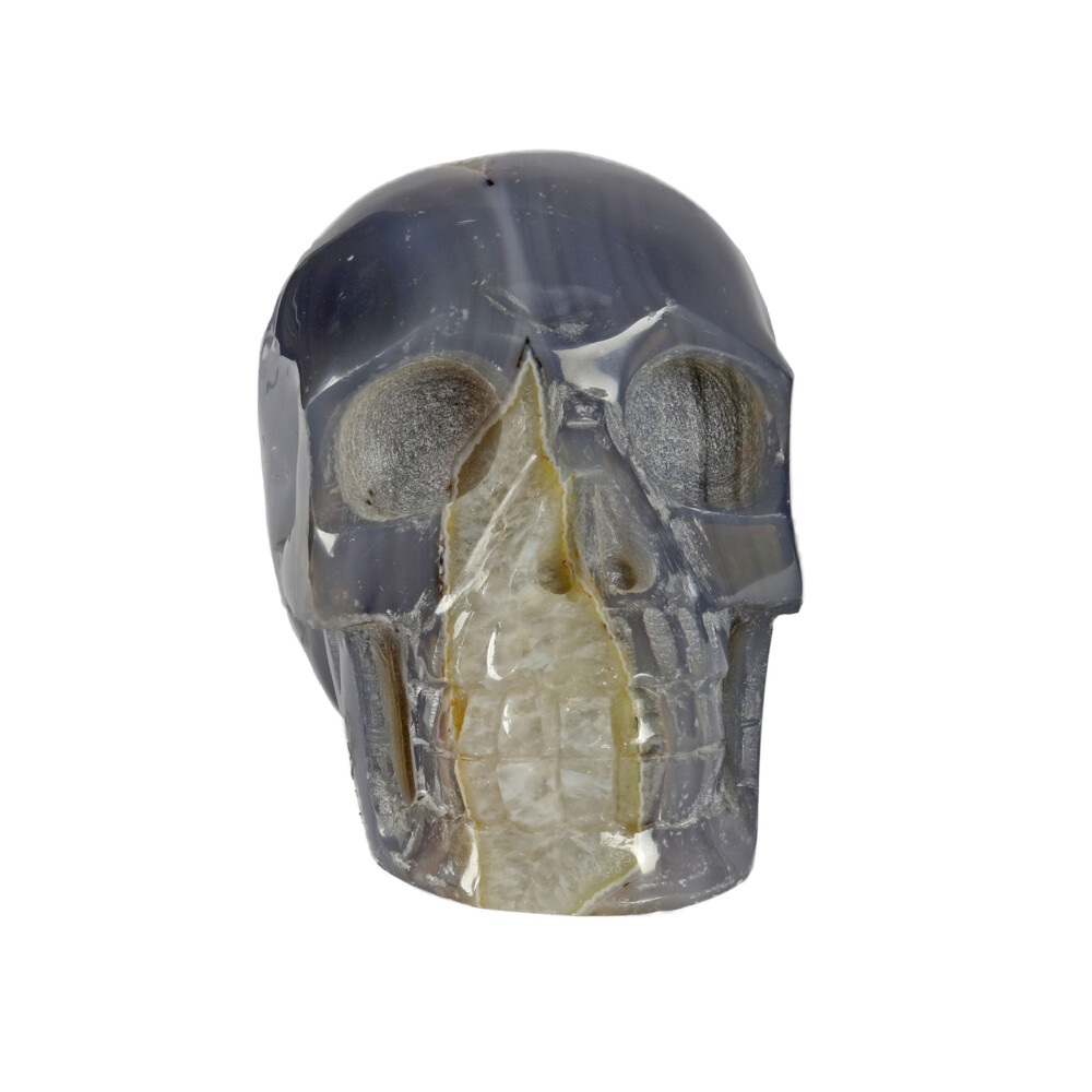 <span style="position: initial; margin: initial;"></span><span style="font-family: "EB Garamond"; position: initial; margin: initial;"><font size="4">Agate Geode Skull Carving With Druze.</font></span><div style="position: initial; margin: initial; font-family: "EB Garamond";"><p style="margin: initial; font-variant-numeric: normal; font-variant-east-asian: normal; font-stretch: normal; line-height: normal; font-family: "EB Garamond"; color: rgb(0, 0, 0); position: initial;"><span style="position: initial; margin: initial; font-family: "EB Garamond";"><font size="4">Agates </font></span><span style="font-size: 1.2rem;">are fully formed geodes, consisting of non-crystalizing varieties</span></p><p style="margin: initial; font-variant-numeric: normal; font-variant-east-asian: normal; font-stretch: normal; line-height: normal; font-family: "EB Garamond"; color: rgb(0, 0, 0); position: initial;"><font size="4">of silica, primarily, chalcedony. The first layer of any geode, is usually</font></p><p style="margin: initial; font-variant-numeric: normal; font-variant-east-asian: normal; font-stretch: normal; line-height: normal; font-family: "EB Garamond"; color: rgb(0, 0, 0); position: initial;"><font size="4">agate at a variable quantity; less agate may cause thinner geodes; more</font></p><p style="margin: initial; font-variant-numeric: normal; font-variant-east-asian: normal; font-stretch: normal; line-height: normal; font-family: "EB Garamond"; color: rgb(0, 0, 0); position: initial;"><font size="4">fragile. Thicker agate gives more protection to the crystals formed within</font></p><p style="margin: initial; font-variant-numeric: normal; font-variant-east-asian: normal; font-stretch: normal; line-height: normal; font-family: "EB Garamond"; color: rgb(0, 0, 0); position: initial;"><font size="4">the pocket. Trace minerals produce the vast range of colors found within</font></p><p style="margin: initial; font-variant-numeric: normal; font-variant-east-asian: normal; font-stretch: normal; line-height: normal; font-family: "EB Garamond"; color: rgb(0, 0, 0); position: initial;"><font size="4">these cosmic stones. Most colors of agates have their own identifying</font></p><p style="margin: initial; font-variant-numeric: normal; font-variant-east-asian: normal; font-stretch: normal; line-height: normal; font-family: "EB Garamond"; color: rgb(0, 0, 0); position: initial;"><font size="4">names, ie Red/Orange = Carnelian. Agate is thought to increase courage,</font></p><p style="margin: initial; font-variant-numeric: normal; font-variant-east-asian: normal; font-stretch: normal; line-height: normal; font-family: "EB Garamond"; color: rgb(0, 0, 0); position: initial;"><font size="4">energy, and self-confidence; also promotes longevity. Depending on</font></p><p style="font-variant-numeric: normal; font-variant-east-asian: normal; font-stretch: normal; line-height: normal; font-family: "EB Garamond"; color: rgb(0, 0, 0); position: initial; margin: initial;"><font size="4">color, chakra correspondence shifts from root through crown.</font></p></div> Agate Geode Skull Carving With Druze