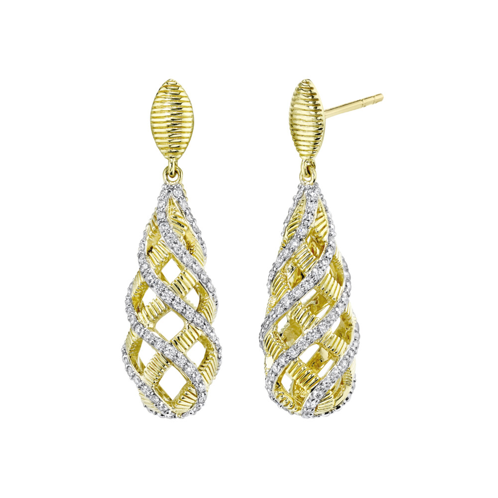SLOANE STREET PETITE CAGE EARRING IN 18K YELLOW GOLD FEATURES OUR AWARD-WINNING CAGE DESIGN OF A THREE-DIMENSIONAL SWIRL OF SIGNATURE STRIE TEXTURED GOLD RIBBONS AND PAVE WHITE DIAMOND RIBBONS INTERTWINING TO CREATE A CAGE EFFECT WITH CLASSIC STRIE MARQUISE TOP WITH POST AND LARGE PUSH BACKINGS. THIS ICONIC SLOANE STREET EARRING IS THE PERFECT TRANSITIONAL DAY-TO-NIGHT EARRING. Diamond Cage Small Drop Earrings