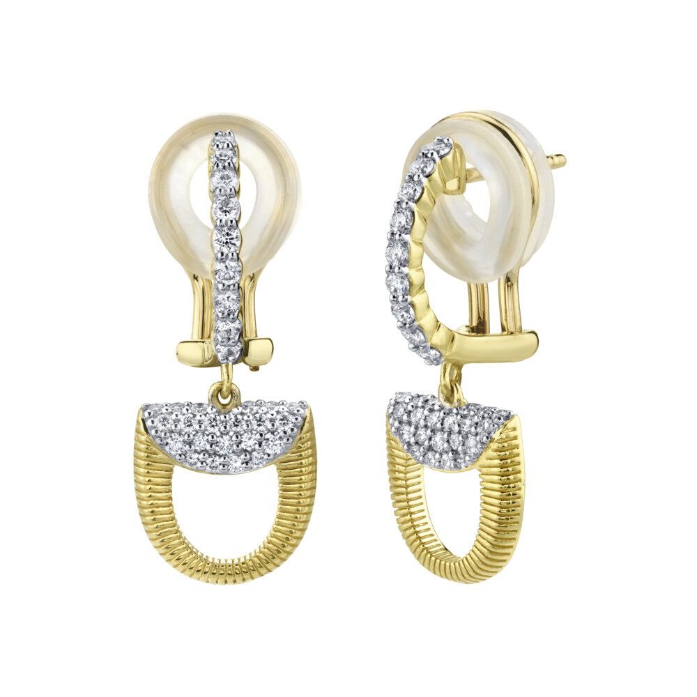 SLOANE STREET EQUESTRIAN COLLECTION HORSE BIT DROP EARRINGS IN 18K YELLOW GOLD HANG FROM SPARKLING PAVE WHITE DIAMOND ILLUSION HOOPS WITH POST AND FRENCH CLIP CLOSURE ARE CLASSIC AND VERSATILE FOR ANY OCCASION. THOUGH EQUESTRIAN INSPIRED, THIS CHIC SILHOUETTE REMAINS A TIMELESS STAPLE THAT CAN GO FROM THE BOARDROOM TO THE PARTY. Pave Diamond Dainty Horse Bit Drop Earrings