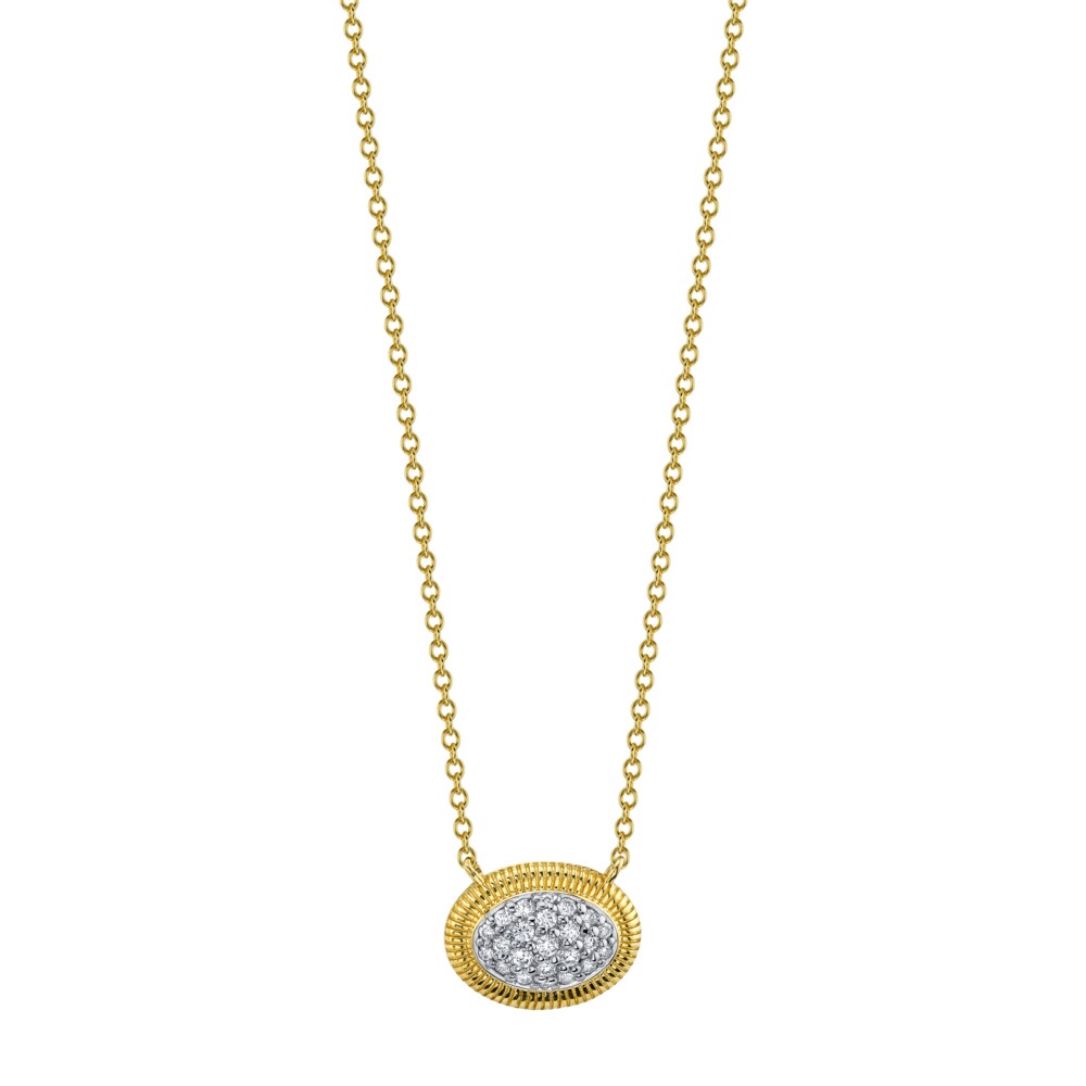 SLOANE STREET SMALL OVAL WHITE DIAMOND PAVE PENDANT IN 18K YELLOW GOLD FEATURES BEAUTIFUL SHIMMERING WHITE DIAMONDS INSIDE A FRAME OF STRIE TEXTURED GOLD ON A CLASSIC 18” BOSTON CHAIN WITH 16” JUMP RING AND LOBSTER CLASP CLOSURE. THIS DAINTY PENDANT IS A SIMPLE EVERYDAY PIECE OR LAYER WITH OTHER CHAINS FOR A BIGGER LOOK. Dainty Pave Diamond Donut Pendant