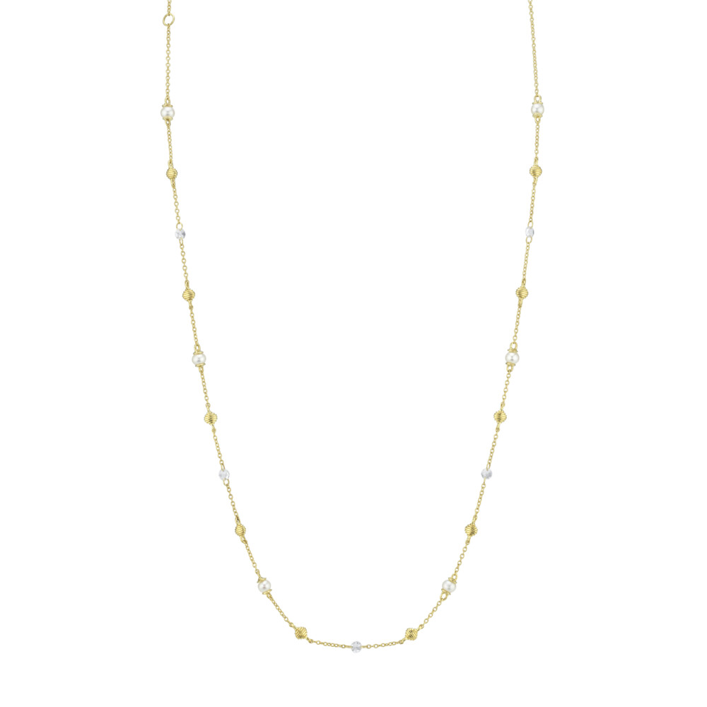 <span style="font-size: 16.8px; position: initial; margin: initial;">CLASSIC WITH A TWIST, THIS NECKLACE IS YOUR NEW EVERYDAY GO-TO. FEATURING DELICATE AND SHIMMERING 2.8MM MICRO-DRILLED ROSE CUT WHITE DIAMONDS AND ACCENTED WITH 3.5MM FRESHWATER PEARLS AND PETITE SLOANE STREET SIGNATURE STRIE CUSHION STATIONS IN 18K YELLOW GOLD CREATING A UNIQUE YET WEARABLE LOOK FOR ALL OCCASIONS.</span> Seed Pearl And Rosecut Diamond Chain With Strie Gold Stations