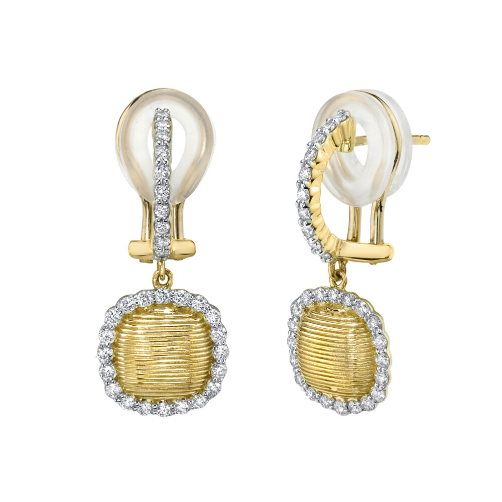 SLOANE STREET ICONIC STRIE CUSHION DANGLE EARRINGS IN 18K YELLOW GOLD FEATURES RICH STRIE TEXTURED GOLD SURROUNDED BY A HALO OF SHIMMERING WHITE DIAMOND PAVE WITH WHITE DIAMOND ILLUSION HOOP WITH POST AND FRENCH CLIP CLOSURE. THESE TIMELESS EARRINGS CREATE THE PERFECT EFFORTLESS EVERYDAY LOOK. Strie Cushion Drop Earrings With Diamonds