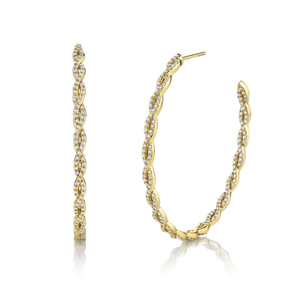 <span style="font-size: 16.8px; position: initial; margin: initial;">SLOANE STREET LARGE PAVE DIAMOND BRAIDED 50MM HOOPS IN 18K WHITE GOLD FEATURE 326 BRILLIANT WHITE DIAMONDS 1.63TCW SEAMLESSLY FOLLOWING THE TWISTED DESIGN OF THE GOLD CREATING A CLASSICALLY FEMININE LOOK. THESE PLAYFUL EARRINGS EFFORTLESSLY TRANSITION FROM DAY TO NIGHT.</span> Pave Diamond Braided Large Hoop Earrings