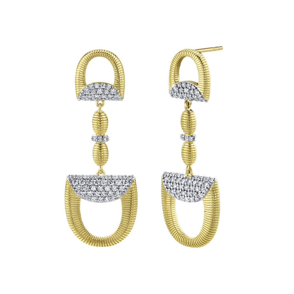 SLOANE STREET EQUESTRIAN COLLECTION LARGE HORSE BIT EARRING IN 18K YELLOW GOLD FEATURES AN ASYMMETRICAL HORSE BIT MOTIF WITH BRILLIANT PAVE WHITE DIAMONDS AND RICH SIGNATURE STRIE TEXTURED DETAILS WITH POST AND LARGE PUSH BACKINGS. THOUGH EQUESTRIAN INSPIRED, THIS CHIC SILHOUETTE REMAINS A TIMELESS STAPLE. Pave Diamond Double Horse Bit Drop Earrings