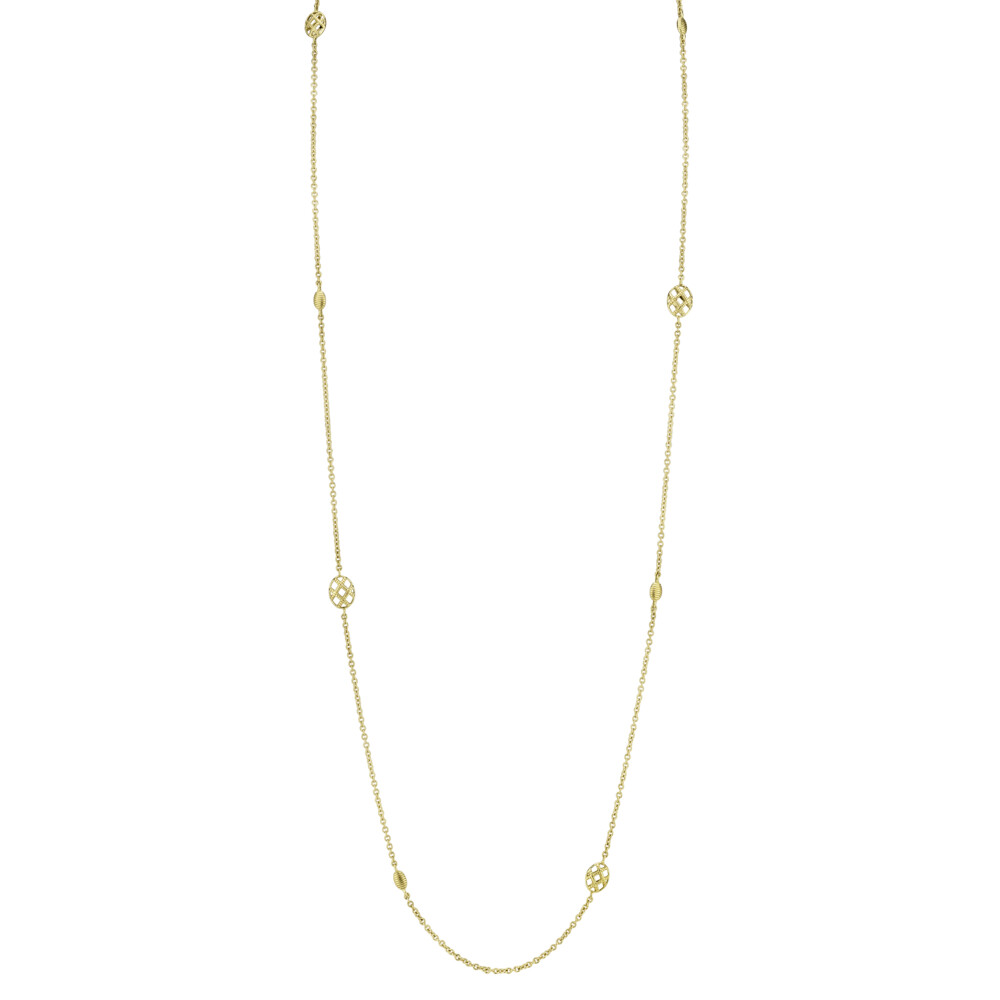 <span style="font-size: 16.8px; position: initial; margin: initial;">SLOANE STREET OPEN CAGE MOTIF 34” CHAIN IN 18K YELLOW GOLD FEATURES PETITE 3-DIMENSIONAL AWARD-WINNING CAGE DESIGN STATIONS PLACED THROUGHOUT THE CHAIN AND SIGNATURE STRIE PETITE OVALS SPACED IN BETWEEN WITH LOBSTER CLASP CLOSURE. THIS ALL GOLD VERSATILE CHAIN IS THE PERFECT LAYERING PIECE AND EVERYDAY BASIC OR EVEN PAIR WITH YOUR FAVORITE PENDANT TO UPDATE THE LOOK.</span> Open Cage Chain With Oval Stations