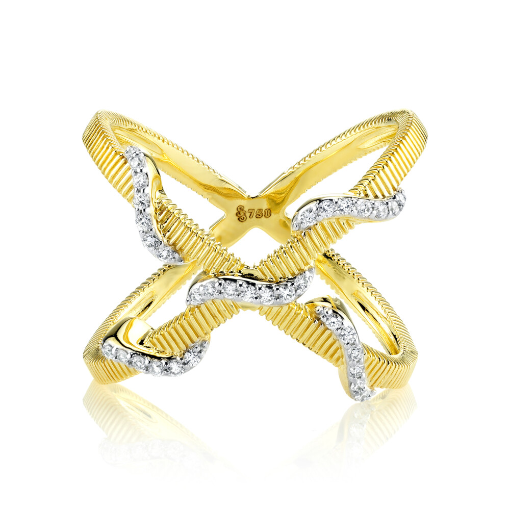 SLOANE STREET ICONIC WHITE DIAMOND WRAPPED X RING IN 18K YELLOW GOLD FEATURES RICH SIGNATURE STRIE TEXTURED BANDS CREATING AN ‘X’ ON YOUR FINGER WITH ELEGANT WHITE DIAMOND PAVE WRAPS CREATING NEW DIMENSION AND UPDATING A CASUAL WEARABLE FAVORITE. Crisscross Diamond Wrap Ring
