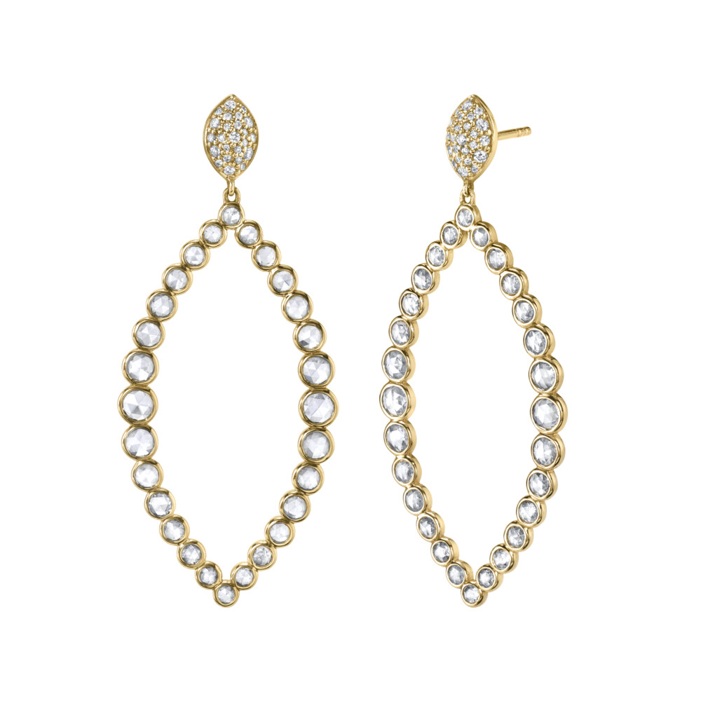 <span style="font-size: 16.8px; position: initial; margin: initial;">SLOANE STREET OPEN GRADUATED MARQUISE DANGLE WHITE DIAMOND EARRINGS FEATURE BEZEL-SET ROSE-CUT WHITE DIAMONDS AND PETITE WHITE DIAMOND PAVE MARQUISE TOP, WHICH ADDS JUST THE RIGHT AMOUNT OF SPARKLE WITHOUT BEING TOO DRESSY. THIS IS AN EASY GO-TO EARRING WITH POST AND LARGE PUSH BACK CLOSURE IN 18K YELLOW GOLD.</span> Rosecut Diamond Large Marquise Drop Earrings