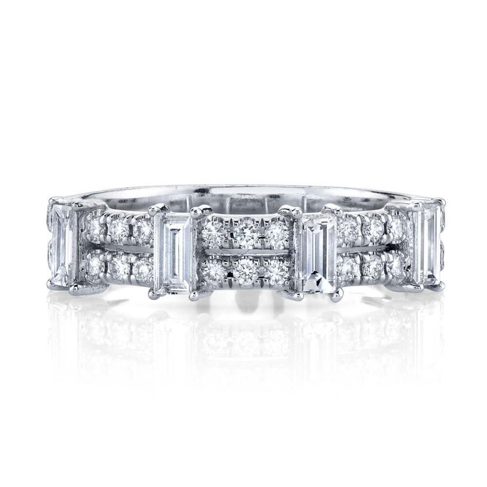 SLOANE STREET TWO ROW WHITE DIAMOND BAND RING IN 18K YELLOW GOLD FEATURES FOUR BRILLIANT WHITE DIAMOND BAGUETTES SET OFF BY SPARKLING WHITE DIAMONDS CREATING A CONTEMPORARY YET TIMELESS LOOK THAT PERFECTLY TRANSITIONS FROM DAY TO NIGHT AND IS A UNIQUE ALTERNATIVE FOR A WEDDING BAND. Diamond Ring With Baguette Stations