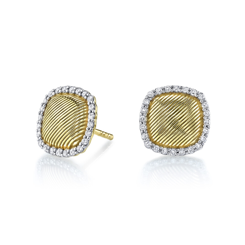 SLOANE STREET ICONIC STRIE CUSHION STUDS IN 18K YELLOW GOLD FEATURES RICH STRIE TEXTURED GOLD SURROUNDED BY A HALO OF SHIMMERING WHITE DIAMOND PAVE WITH POST AND LARGE PUSH BACKINGS. THESE TIMELESS STUD EARRINGS CREATE THE PERFECT EFFORTLESS EVERYDAY LOOK. Strie Cushion Stud Earrings With Diamonds