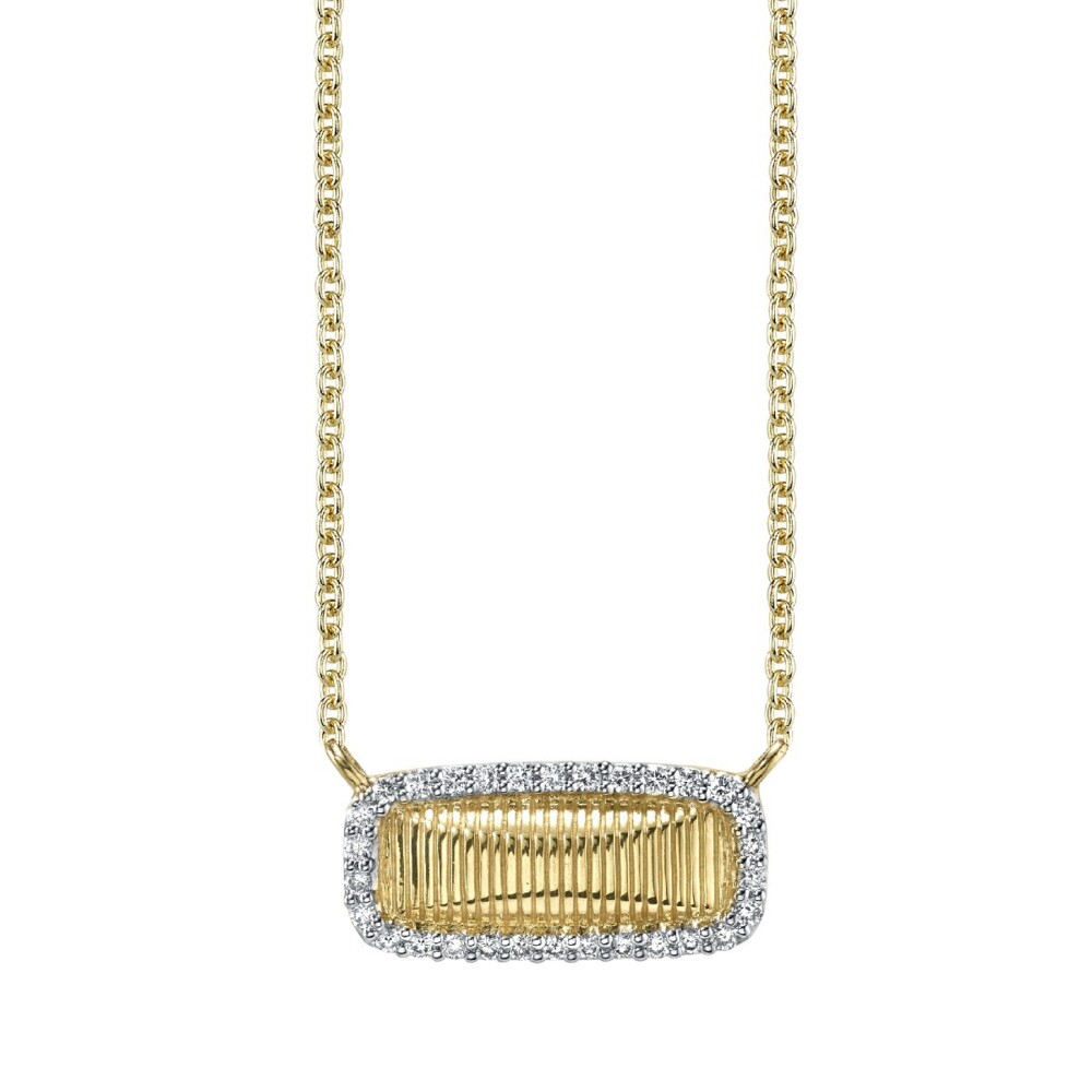 SLOANE STREET ICONIC STRIE ELONGATED CUSHION PENDANT IN 18K YELLOW GOLD FEATURES RICH STRIE TEXTURED GOLD SURROUNDED BY A HALO OF SHIMMERING WHITE DIAMOND PAVE ON A CLASSIC 18” BOSTON CHAIN WITH 16” JUMP RING. THIS TIMELESS PENDANT CREATES THE PERFECT EFFORTLESS LOOK. Dainty Strie Bar Pendant With Diamonds